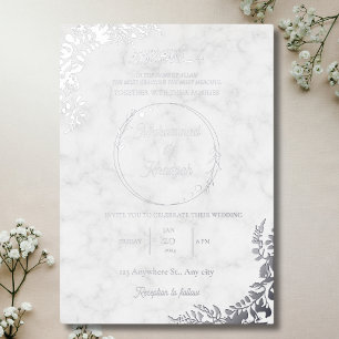 Invitación Con Relieve Metalizado Hojas de plata ornamentadas mármol blanco boda mus