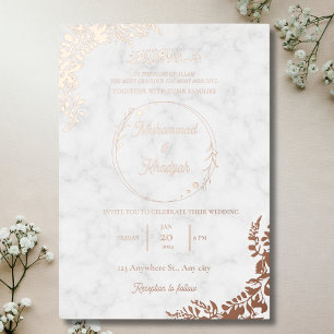 Invitación Con Relieve Metalizado Hojas de Rose Gold Mármol Blanco Muslim Casamiento