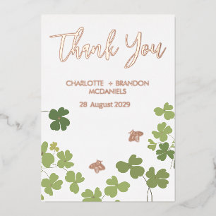 Invitación Con Relieve Metalizado Hojas de trébol verdes. Bodas Gracias Oro
