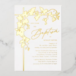 Invitación Con Relieve Metalizado Hojas de Uva Oro Bautismo Botánico