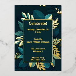 Invitación Con Relieve Metalizado Hojas doradas verde profundo