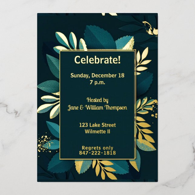 Invitación Con Relieve Metalizado Hojas doradas verde profundo (Anverso)