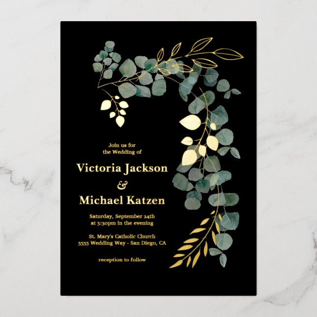 Invitación Con Relieve Metalizado Hojas elegantes de eucalipto (Anverso)