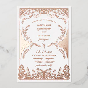 Invitación Con Relieve Metalizado Hojas que se desplazan Bodas Caprichosas Rosa Dora
