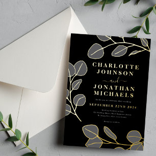 Invitación Con Relieve Metalizado Hojas Simples Modernas Negro Gris Oro