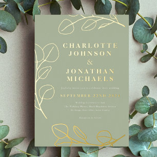 Invitación Con Relieve Metalizado Hojas Simples Modernas Verde Salvia y Dorado