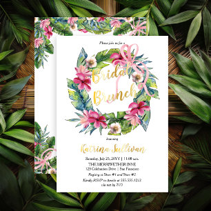 Invitación Con Relieve Metalizado Hojas Tropicales Desayuno Nupcial Floral Rosa