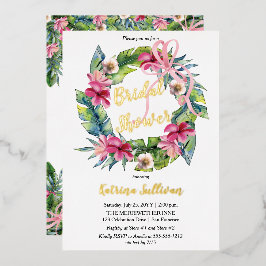 Invitación Con Relieve Metalizado Hojas tropicales | Ducha de novia floral rosa