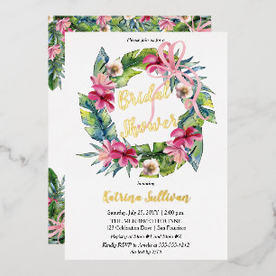 Invitación Con Relieve Metalizado Hojas Tropicales Lluvia de Flores Rosa para Desp