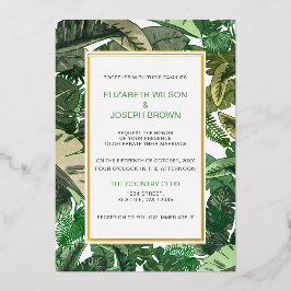 Invitación Con Relieve Metalizado hojas tropicales oro verde botánico boda i