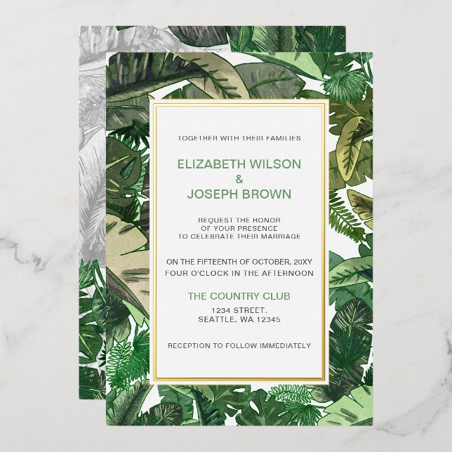 Invitación Con Relieve Metalizado hojas tropicales oro verde botánico boda i (Anverso/Reverso)