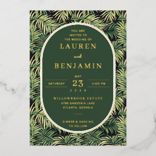 Invitación Con Relieve Metalizado Hojas Tropicales Verdes Elegantes