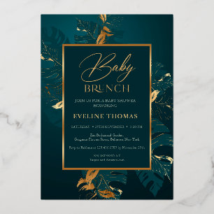 Invitación Con Relieve Metalizado Hojas verdes de bosque y brunch de bebé con lámina