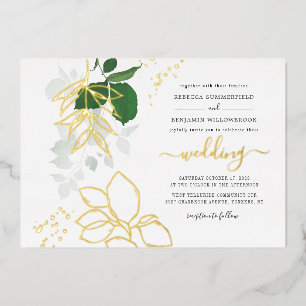 Invitación Con Relieve Metalizado Hojas verdes de eucalipto boda geométrica dorada