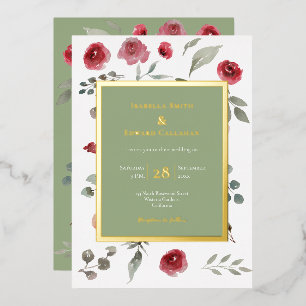 Invitación Con Relieve Metalizado Hojas verdes de salvia elegantes rosas borgoña dor
