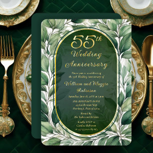 Invitación Con Relieve Metalizado Hojas Verdes Elegantes 55º Aniversario de Boda