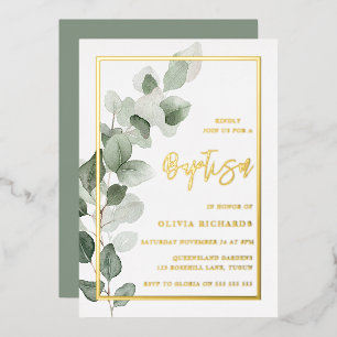 Invitación Con Relieve Metalizado Hojas Verdes Niño o Niña Bautizo Hoja de Oro