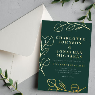 Invitación Con Relieve Metalizado Hojas verdes y doradas simples modernas