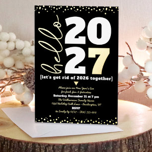 Invitación Con Relieve Metalizado Hola Año Nuevo Guión Año Personalizado Año Negro R