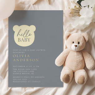 Invitación Con Relieve Metalizado Hola Baby Bear Baby Shower