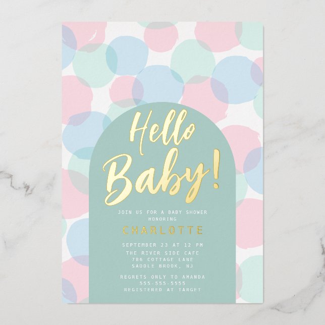 Invitación Con Relieve Metalizado Hola Baby Polka Dots Baby Shower (Anverso)
