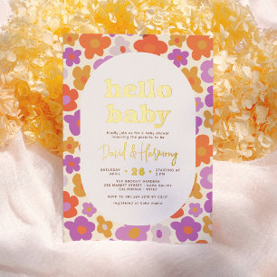 Invitación Con Relieve Metalizado Hola Baby Retro Daisy Gold Pressed Baby Shower