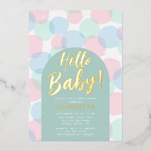Invitación Con Relieve Metalizado Hola Baby Shower de Lunares para Bebé