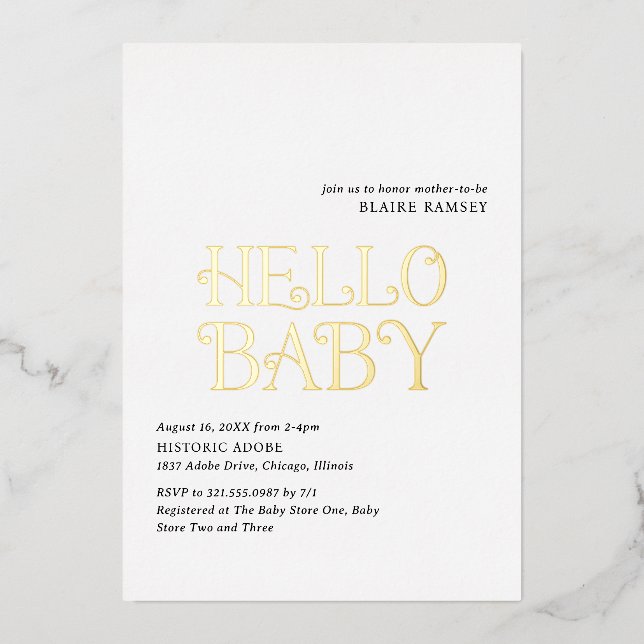 Invitación Con Relieve Metalizado Hola bebé Black White Modern Baby Shower (Anverso)