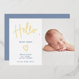Invitación Con Relieve Metalizado Hola guión corazón azul foto bebé niño nacimiento