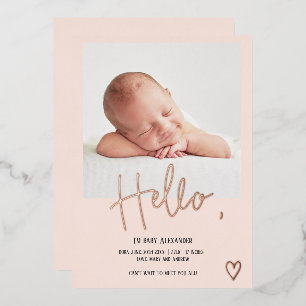Invitación Con Relieve Metalizado Hola guión corazón foto rubor bebé nacimiento lind