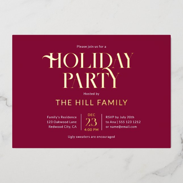Invitación Con Relieve Metalizado Holiday Party Elegant Red (Anverso)