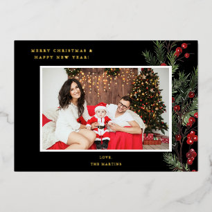 Invitación Con Relieve Metalizado Holly Berry H Photo Holiday o Navidades - Negro