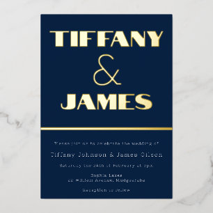 Invitación Con Relieve Metalizado Hollywood Vintage Retro Navy Boda Hoja de Oro
