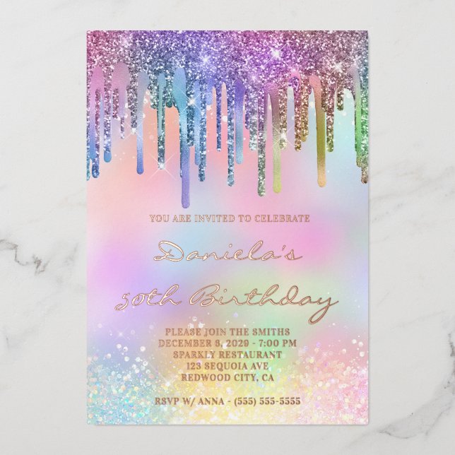 Invitación Con Relieve Metalizado Holo Glitter Rainbow Drips 50th Birthday (Anverso)
