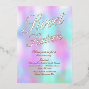 Invitación Con Relieve Metalizado Holográfico Sweet Sixteen Dorado Prensado   