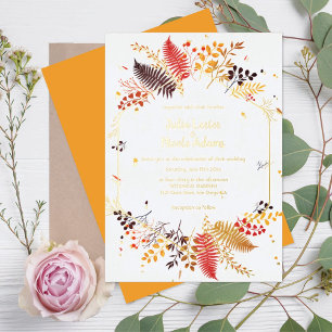 Invitación Con Relieve Metalizado Hongos Silvestres Bosque Flor Helecho Follaje Boda