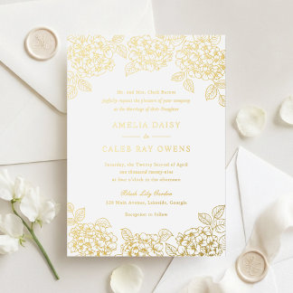 Invitación Con Relieve Metalizado Hortensia de boda elegante floral oro