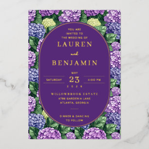 Invitación Con Relieve Metalizado Hortensia Floral Púrpura Regia