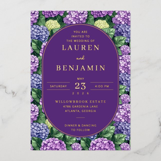 Invitación Con Relieve Metalizado Hortensia Floral Púrpura Regia (Anverso)
