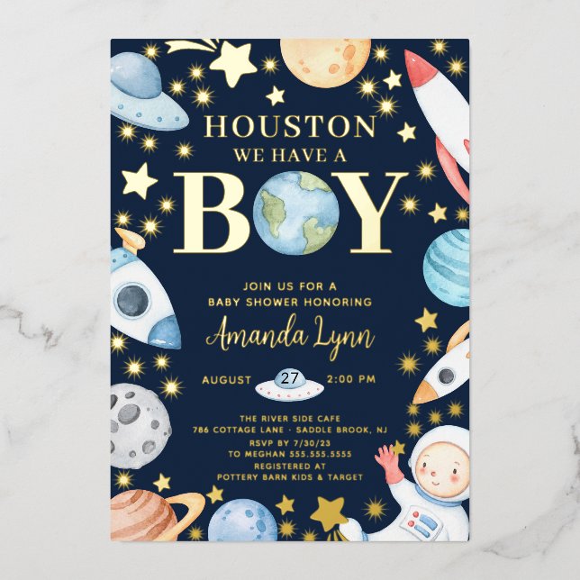 Invitación Con Relieve Metalizado Houston Tenemos Un Espacio Exterior De Niño (Anverso)