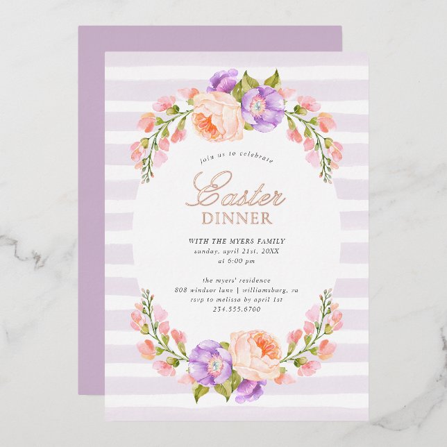 Invitación Con Relieve Metalizado Huelga de Lilac y cena de Pascua en Bloom (Anverso/Reverso)