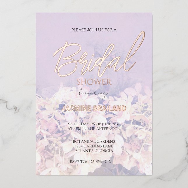 Invitación Con Relieve Metalizado Hydrangea Floral Bridal Shower (Anverso)