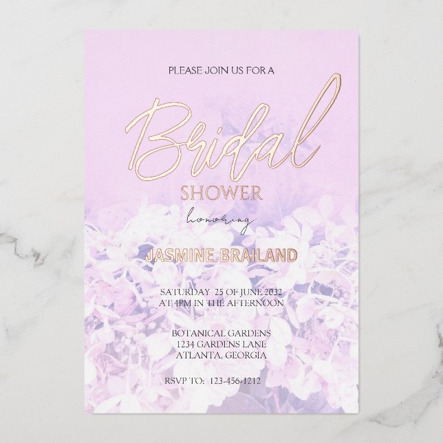 Invitación Con Relieve Metalizado Hydrangea Floral Bridal Shower (Anverso)