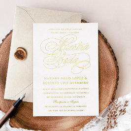 Invitación Con Relieve Metalizado Idioma Español Nuestra Boda Gold