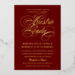 Invitación Con Relieve Metalizado Idioma Español Nuestra Boda Maroon Gold