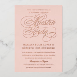 Invitación Con Relieve Metalizado Idioma Español Nuestra Boda Rosa Dorado