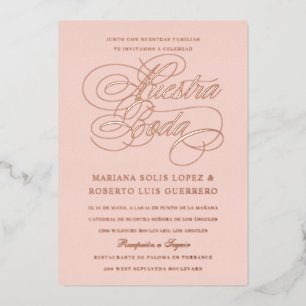 Invitación Con Relieve Metalizado Idioma Español Nuestra Boda Rose Gold