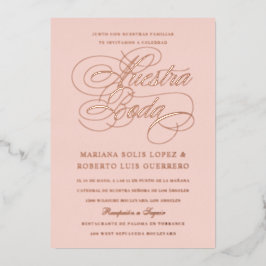 Invitación Con Relieve Metalizado Idioma Español Nuestra Boda Rose Gold