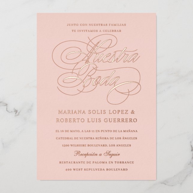 Invitación Con Relieve Metalizado Idioma Español Nuestra Boda Rose Gold (Anverso)