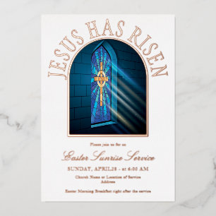 Invitación Con Relieve Metalizado Iglesia Servicio de Pascua al Amanecer Jesús Ha Re
